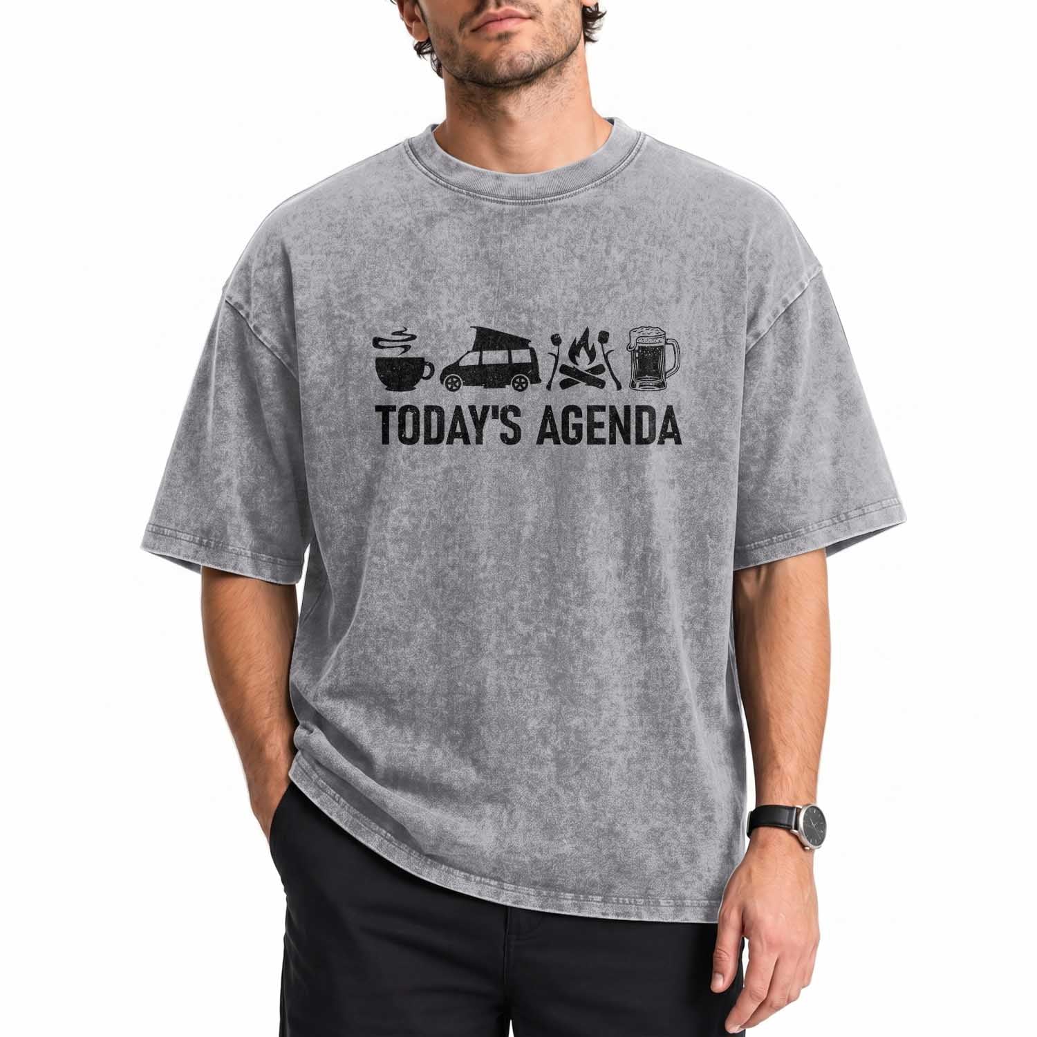 Funny Camping Washed Cotton T-Shirt Todays Agenda Coffee Van Beer Campfire