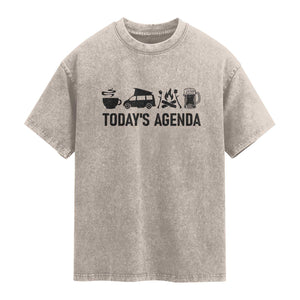 Funny Camping Washed Cotton T-Shirt Todays Agenda Coffee Van Beer Campfire