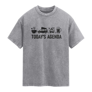 Funny Camping Washed Cotton T-Shirt Todays Agenda Coffee Van Beer Campfire