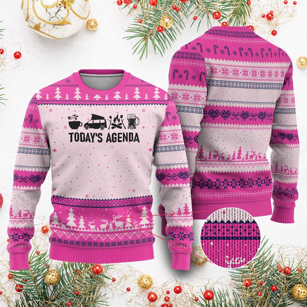 Funny Camping Ugly Christmas Sweater Todays Agenda Coffee Van Beer Campfire