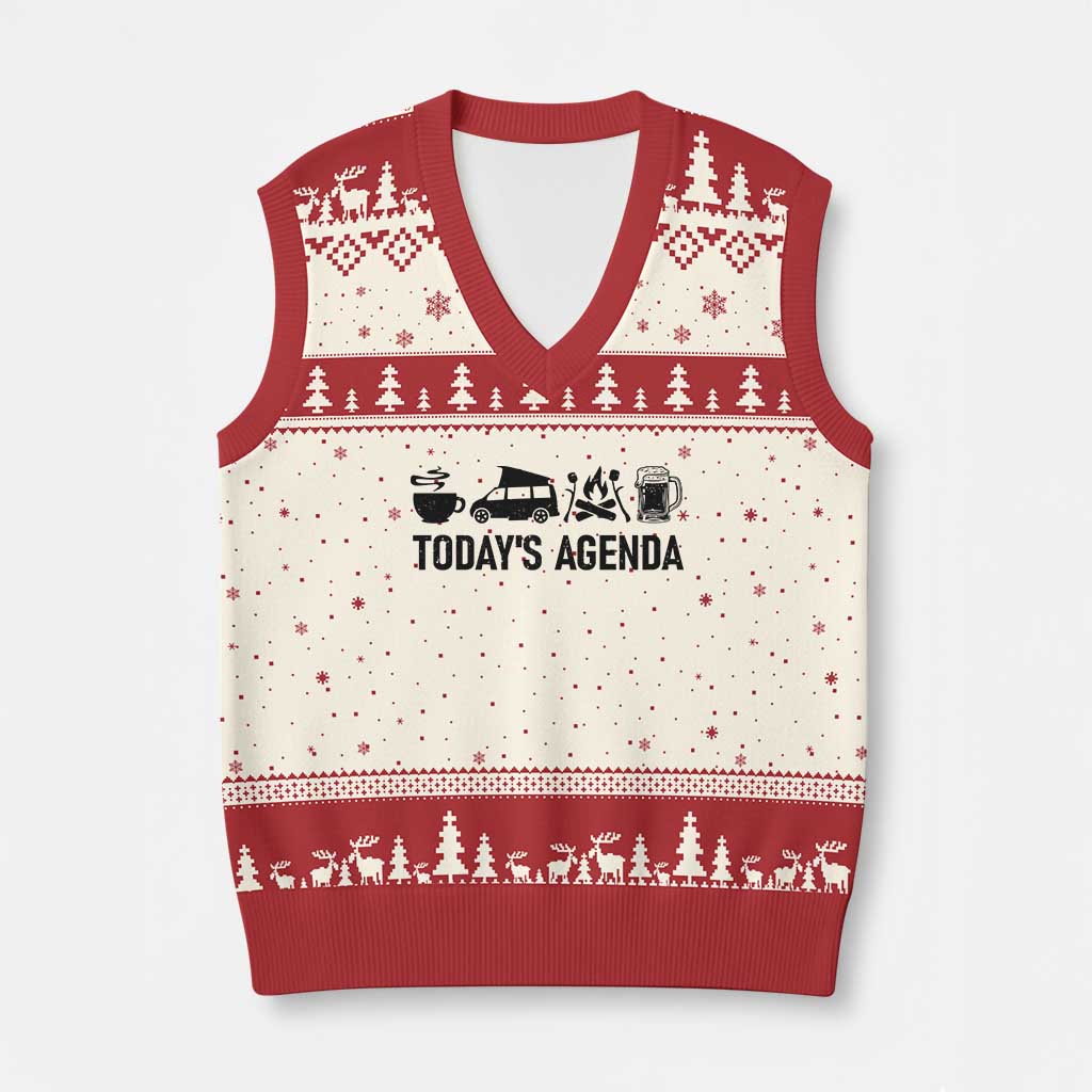 Funny Camping V-Neck Knit Sweater Vest Todays Agenda Coffee Van Beer Campfire