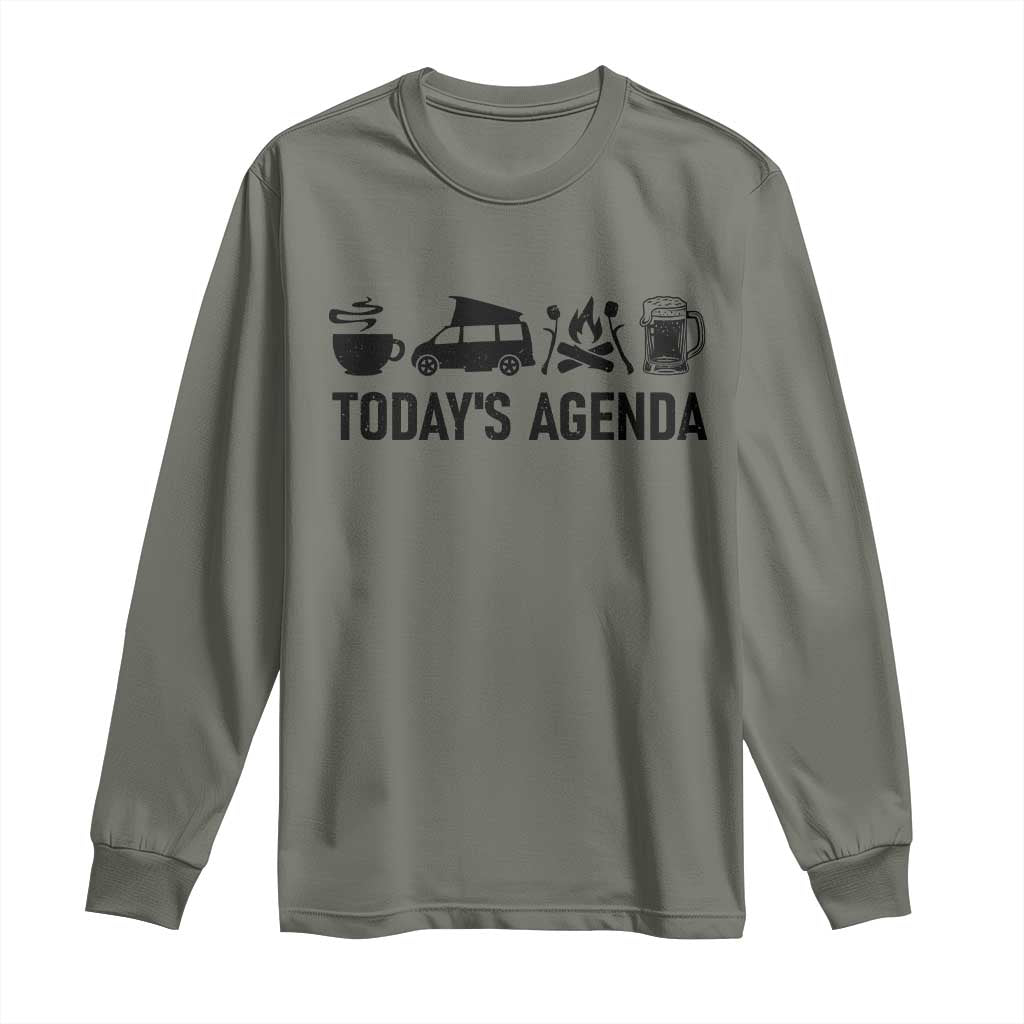 Funny Camping Long Sleeve Shirt Todays Agenda Coffee Van Beer Campfire