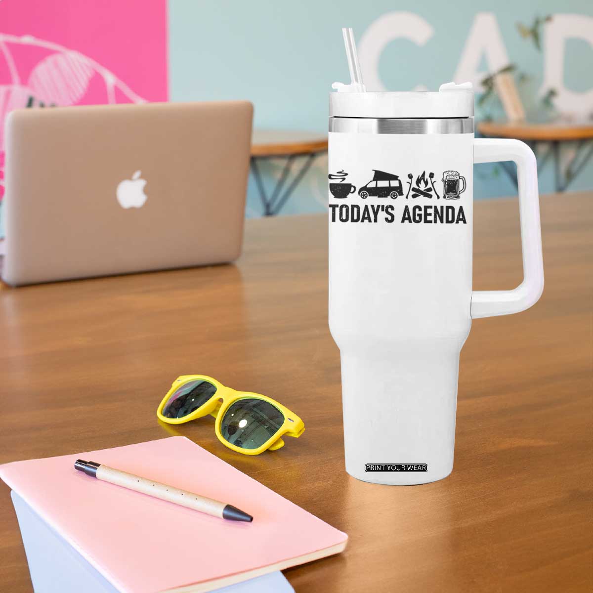 Funny Camping Tumbler With Handle Todays Agenda Coffee Van Beer Campfire