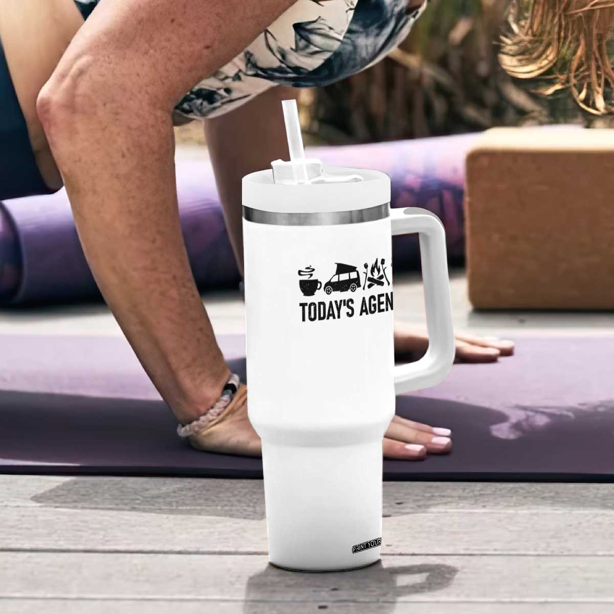 Funny Camping Tumbler With Handle Todays Agenda Coffee Van Beer Campfire
