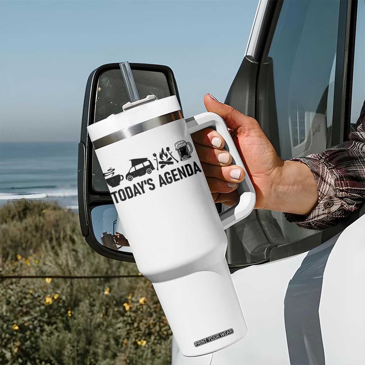 Funny Camping Tumbler With Handle Todays Agenda Coffee Van Beer Campfire