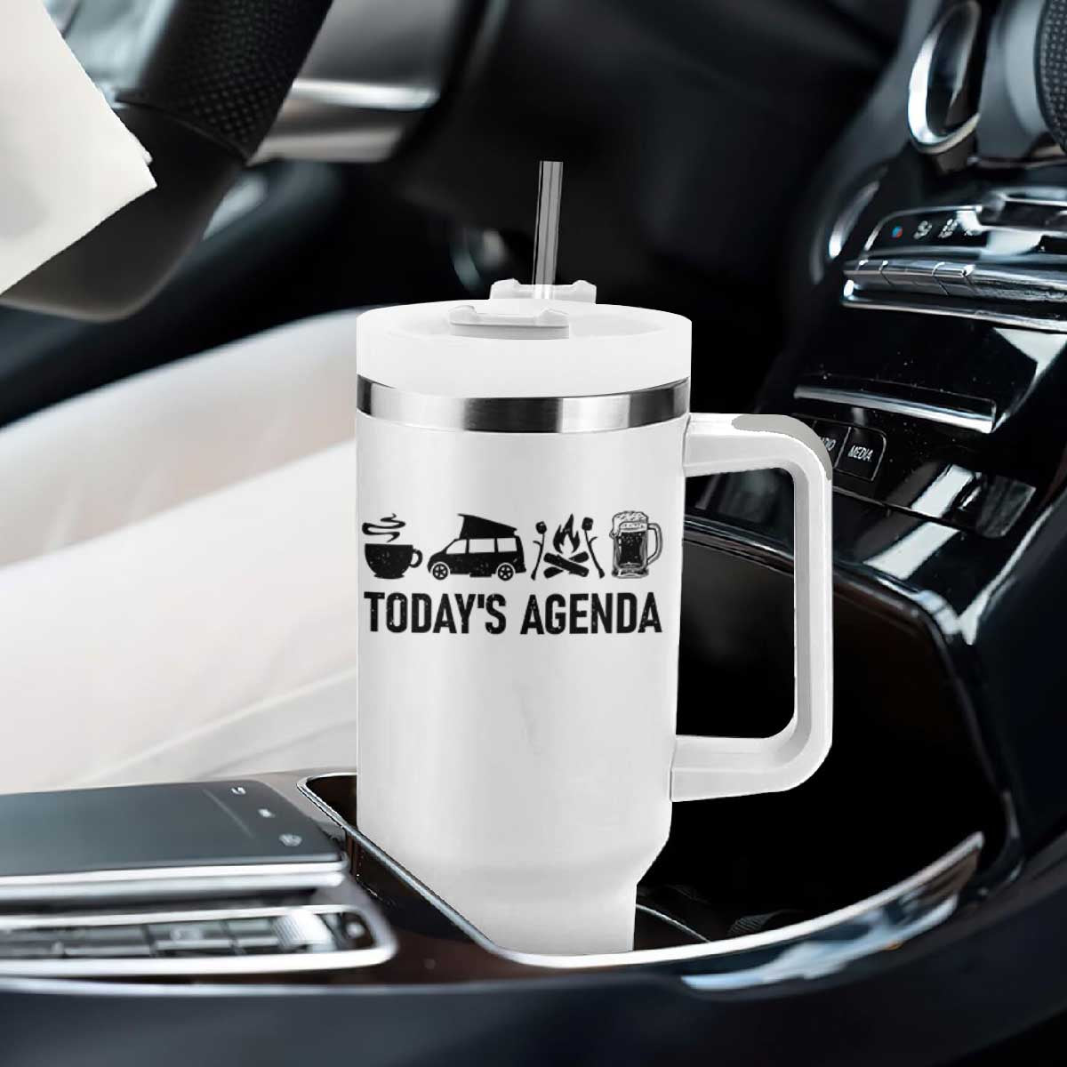 Funny Camping Tumbler With Handle Todays Agenda Coffee Van Beer Campfire