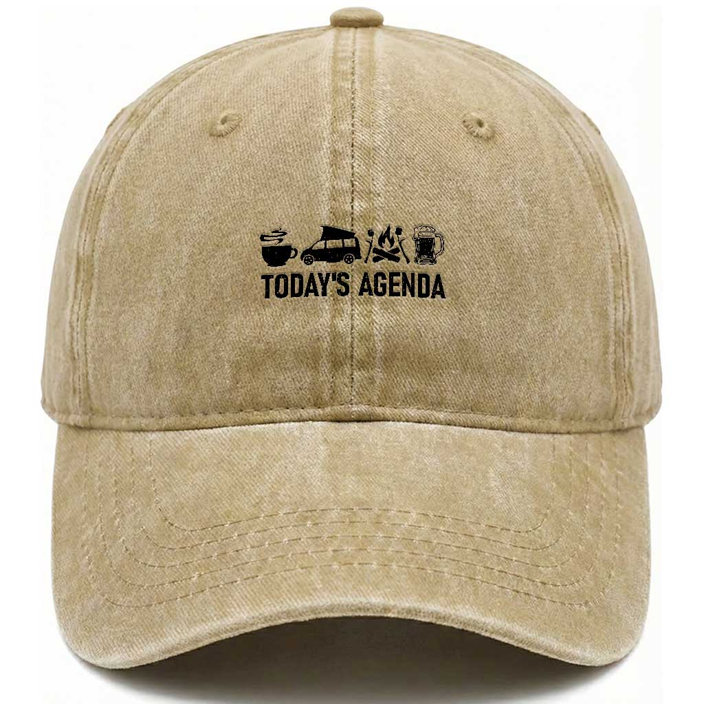Funny Camping Washed Cotton Baseball Cap Todays Agenda Coffee Van Beer Campfire