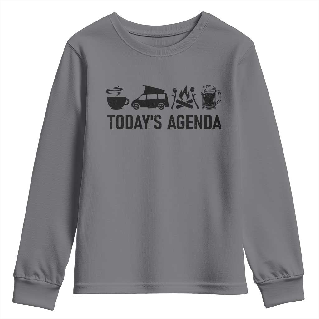 Funny Camping Youth Sweatshirt Todays Agenda Coffee Van Beer Campfire