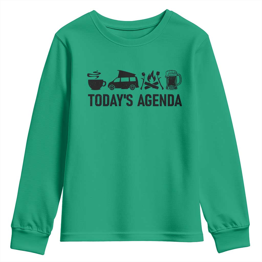 Funny Camping Youth Sweatshirt Todays Agenda Coffee Van Beer Campfire
