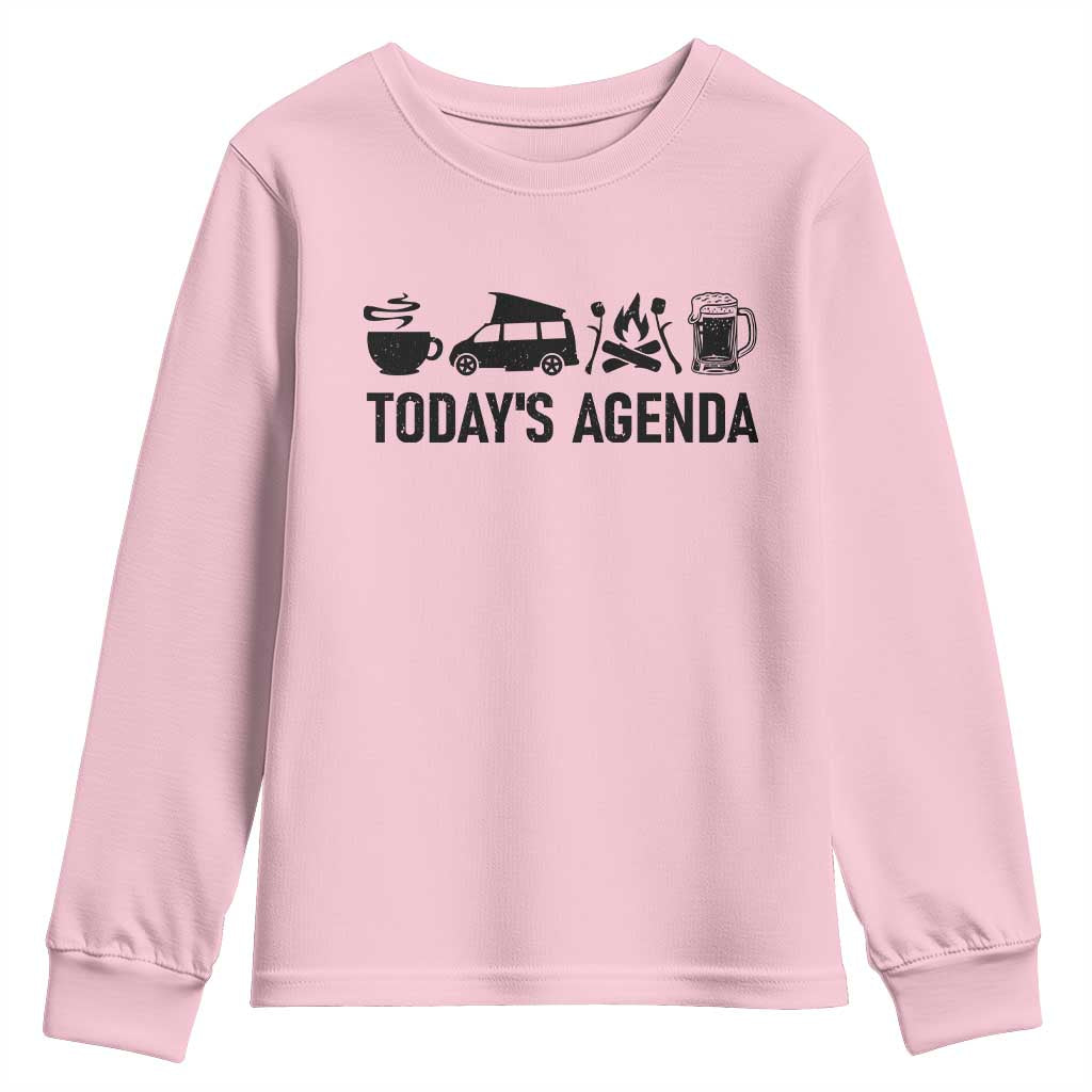 Funny Camping Youth Sweatshirt Todays Agenda Coffee Van Beer Campfire