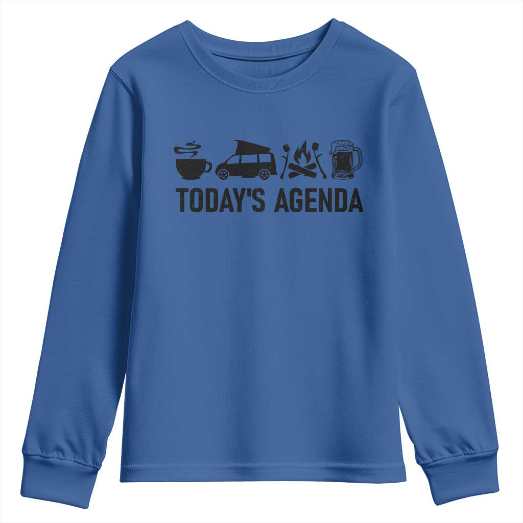 Funny Camping Youth Sweatshirt Todays Agenda Coffee Van Beer Campfire