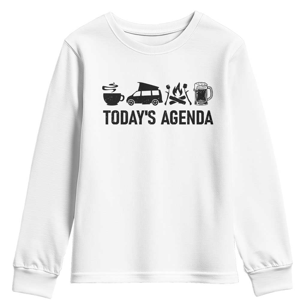 Funny Camping Youth Sweatshirt Todays Agenda Coffee Van Beer Campfire