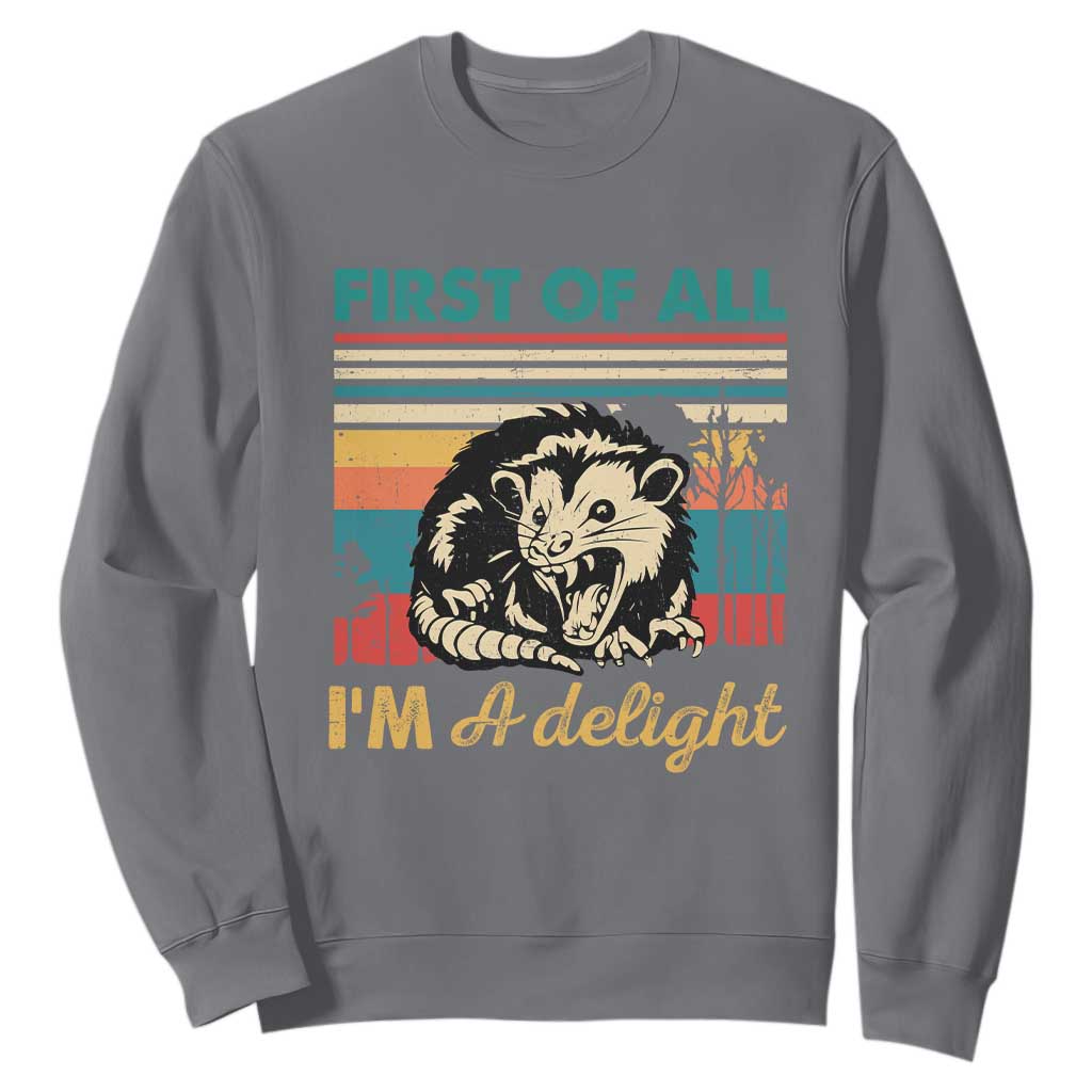 Funny First Of All I Am A Delight Sweatshirt Retro Angry Opossum TS11 Charcoal Print Your Wear