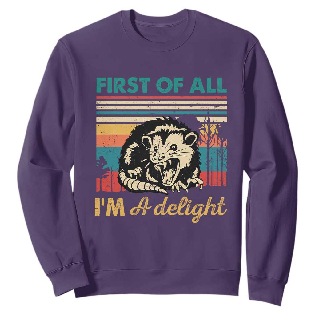 Funny First Of All I Am A Delight Sweatshirt Retro Angry Opossum TS11 Purple Print Your Wear
