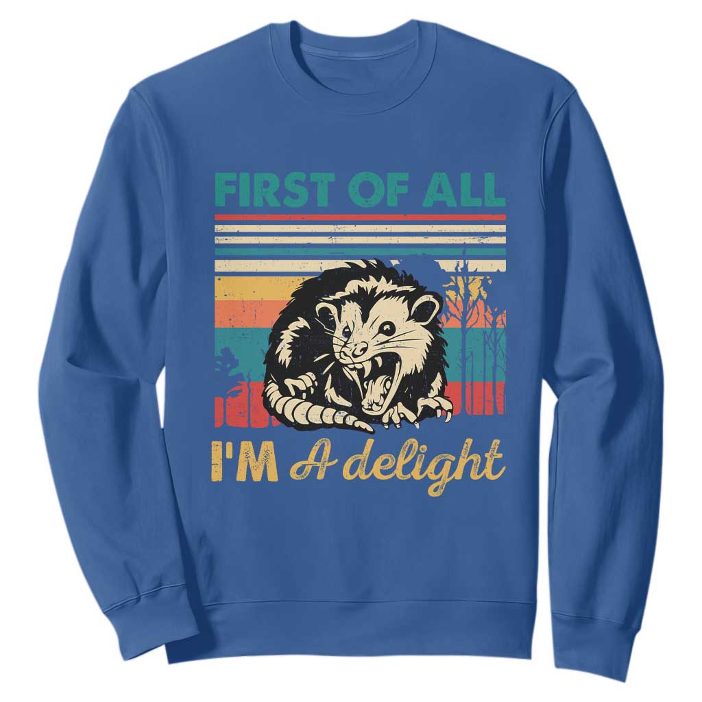 Funny First Of All I Am A Delight Sweatshirt Retro Angry Opossum TS11 Royal Blue Print Your Wear