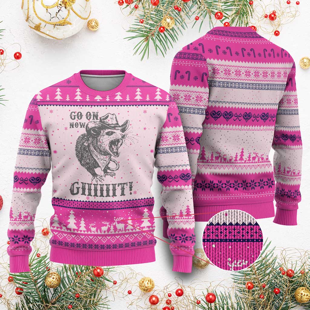 Funny Cowboy Opossum Ugly Christmas Sweater Go On Now Git Western Country Opossum TS11 Hot Pink Print Your Wear