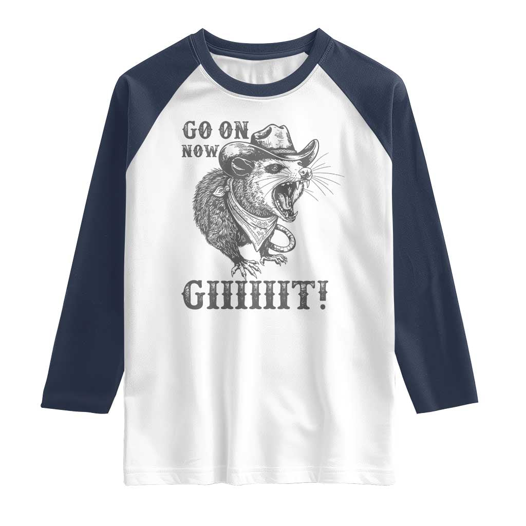 Funny Cowboy Opossum Raglan Shirt Go On Now Git Western Country Opossum TS11 White Navy Print Your Wear
