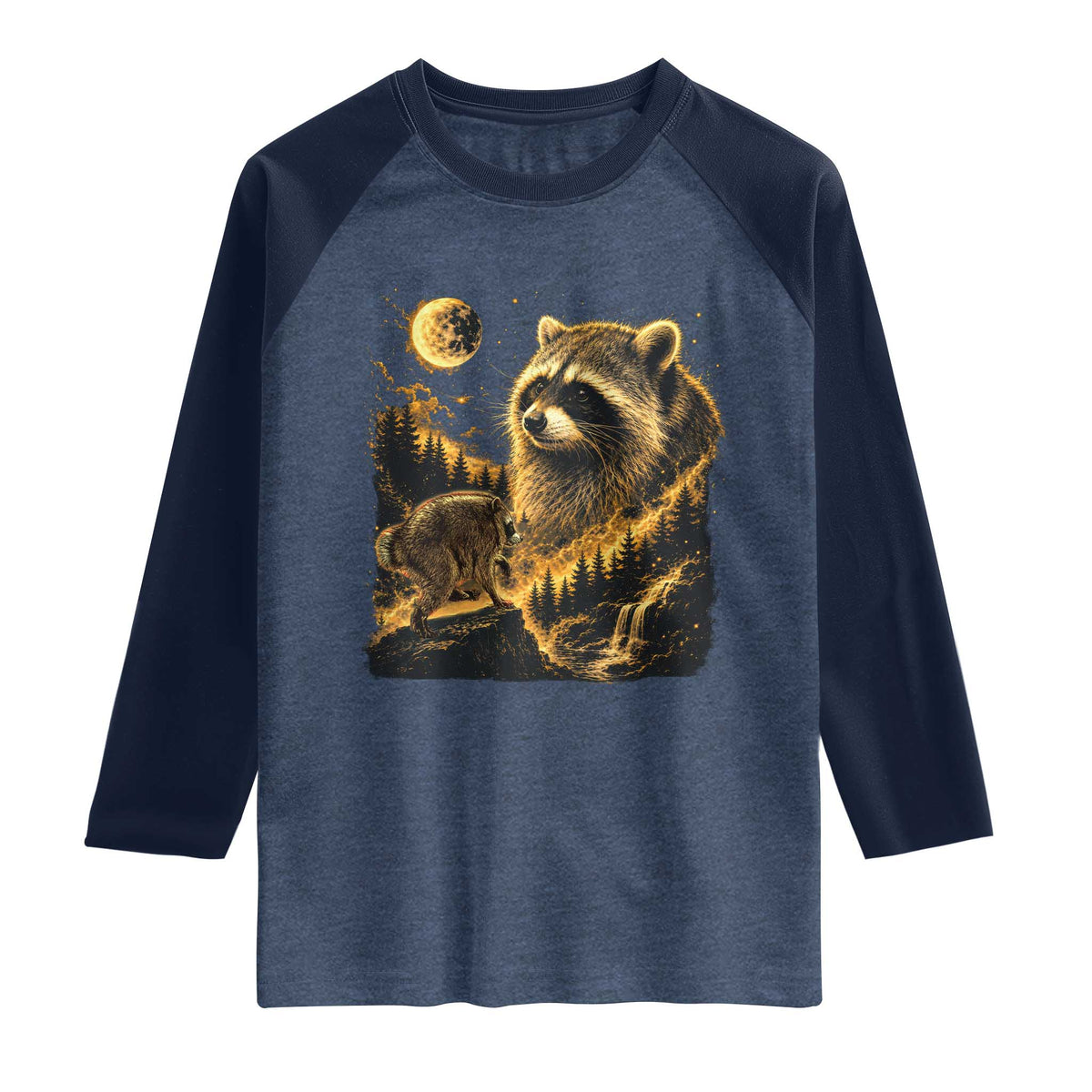 Jimothy Raccoon Howling at The Moon Parody 90s Retro Raglan Shirt TS11 Heather Denim Navy Print Your Wear
