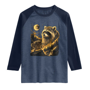 Jimothy Raccoon Howling at The Moon Parody 90s Retro Raglan Shirt TS11 Heather Denim Navy Print Your Wear