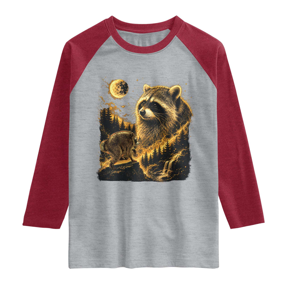 Jimothy Raccoon Howling at The Moon Parody 90s Retro Raglan Shirt TS11 Heather Gray Heather Red Print Your Wear