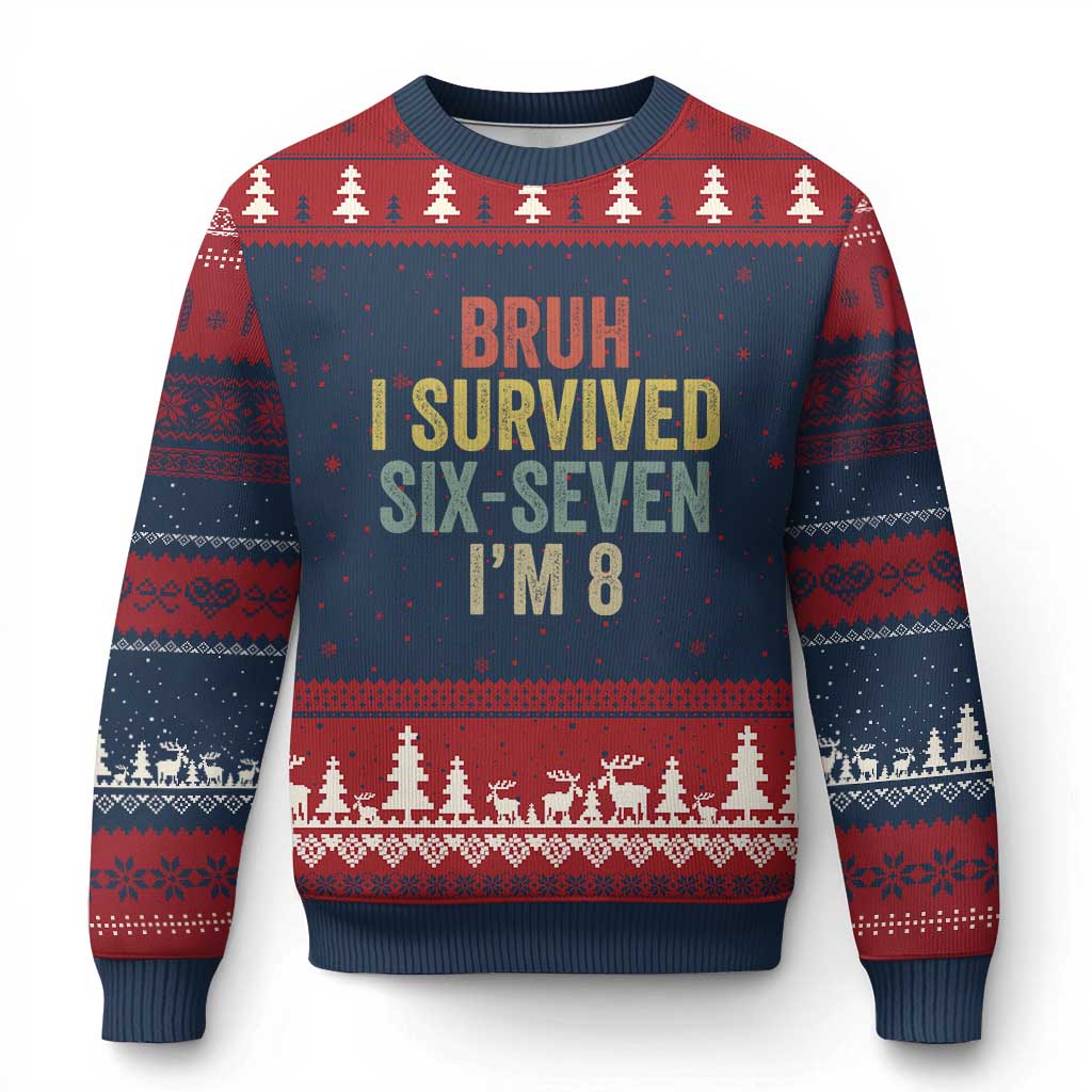 Funny 67 8th Birthday Ugly Christmas Sweater Bruh I Survived Six Seven I'm 8 Retro Bday TS11 Navy Red Print Your Wear