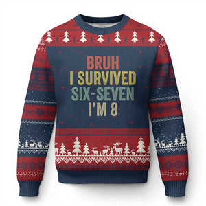 Funny 67 8th Birthday Ugly Christmas Sweater Bruh I Survived Six Seven I'm 8 Retro Bday TS11 Navy Red Print Your Wear