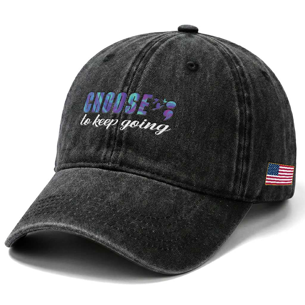 Suicide Prevention Awareness Washed Cotton Baseball Cap Choose To Keep Going Semicolon Birds TS11 Print Your Wear