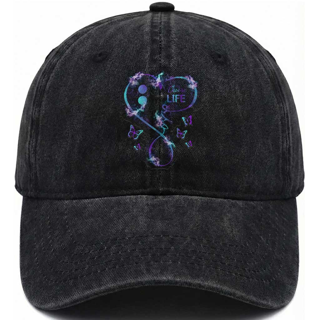 Suicide Prevention Awareness Washed Cotton Baseball Cap Choose Life Love Heart Semicolon Butterfly TS11 Print Your Wear