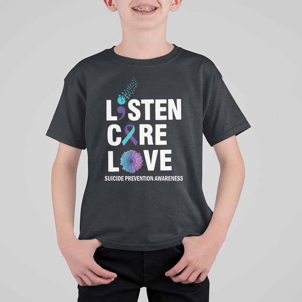 Suicide Prevention Awareness T Shirt For Kid Listen Care Love Semicolon Bird Flower Ribbon TS11 Black Print Your Wear