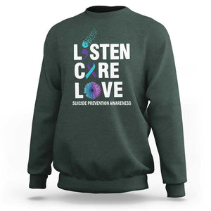 Suicide Prevention Awareness Sweatshirt Listen Care Love Semicolon Bird Flower Ribbon TS11 Dark Forest Green Print Your Wear