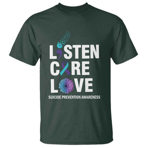 Suicide Prevention Awareness T Shirt Listen Care Love Semicolon Bird Flower Ribbon TS11 Dark Forest Green Print Your Wear