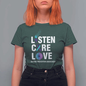 Suicide Prevention Awareness T Shirt For Women Listen Care Love Semicolon Bird Flower Ribbon TS11 Dark Forest Green Print Your Wear