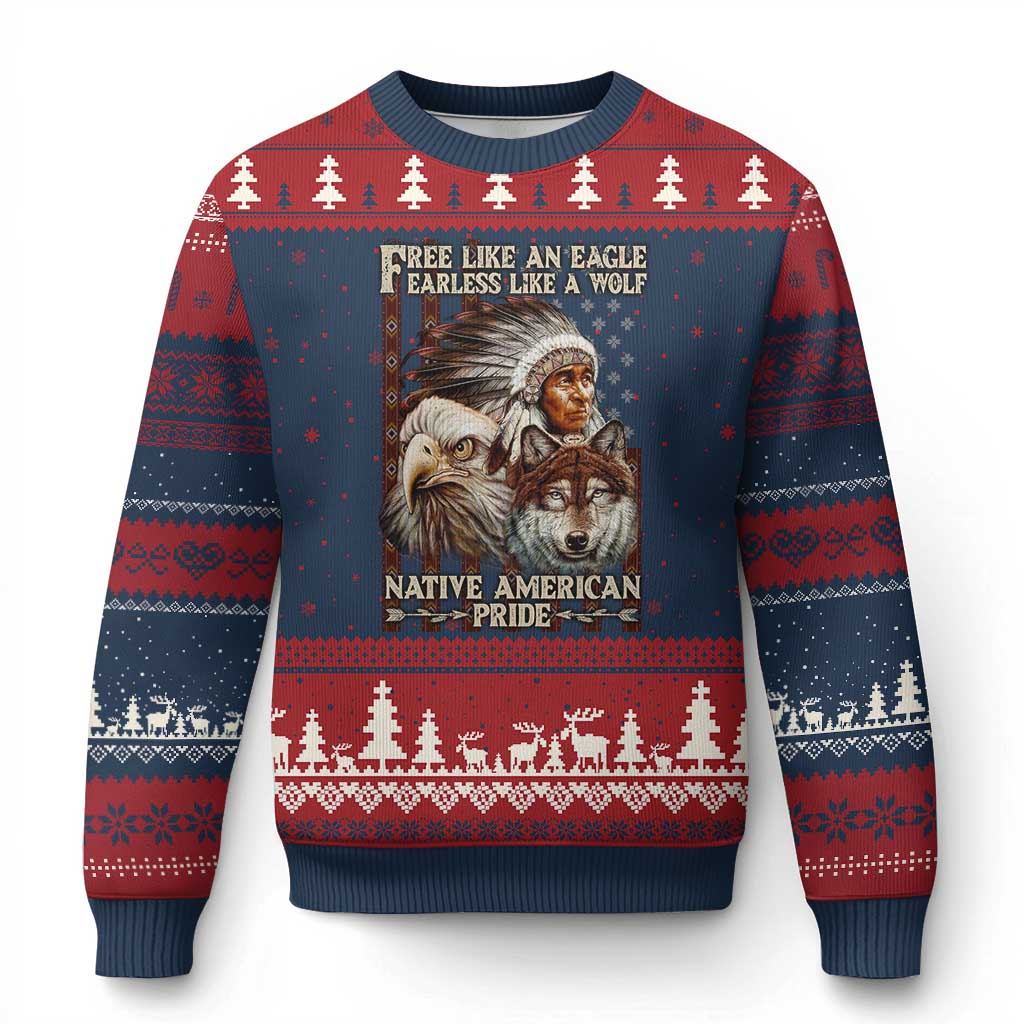 Native American Pride Ugly Christmas Sweater Free Like An Eagle Fearless Like A Wolf Vintage Flag TS11 Navy Red Print Your Wear