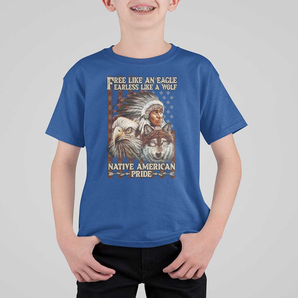 Native American Pride T Shirt For Kid Free Like An Eagle Fearless Like A Wolf Vintage Flag TS11 Royal Blue Print Your Wear