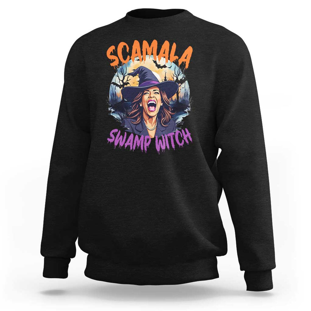 Funny Kamala Halloween Sweatshirt Scamala Swamp Witch Mysterious Bat TS11 Black Print Your Wear