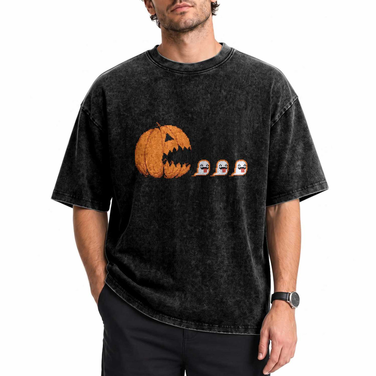 Funny Halloween Gamer Video Gaming Pumpkin Ghost Washed Cotton T-Shirt