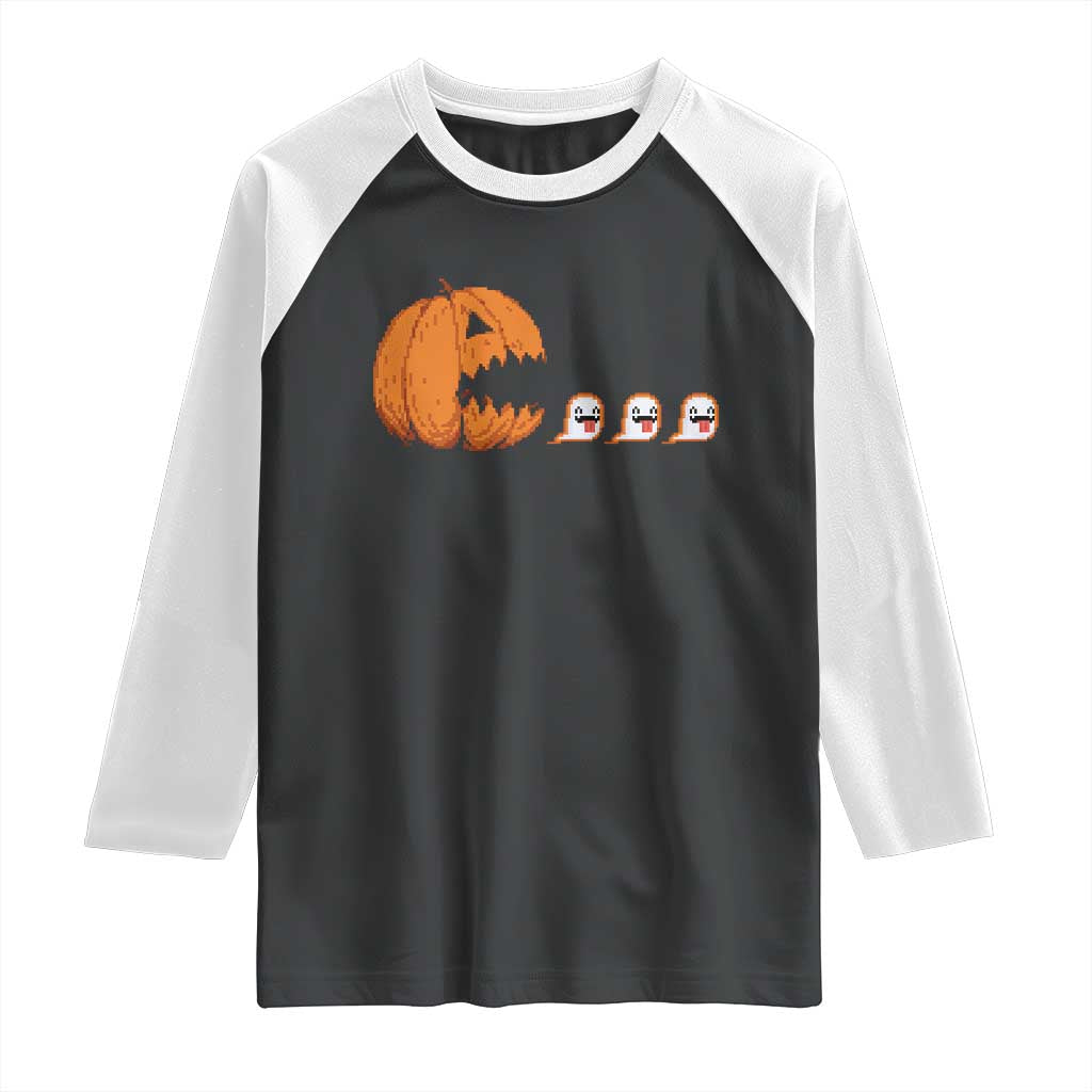Funny Halloween Gamer Video Gaming Pumpkin Ghost Raglan Shirt TS11 Black White Print Your Wear