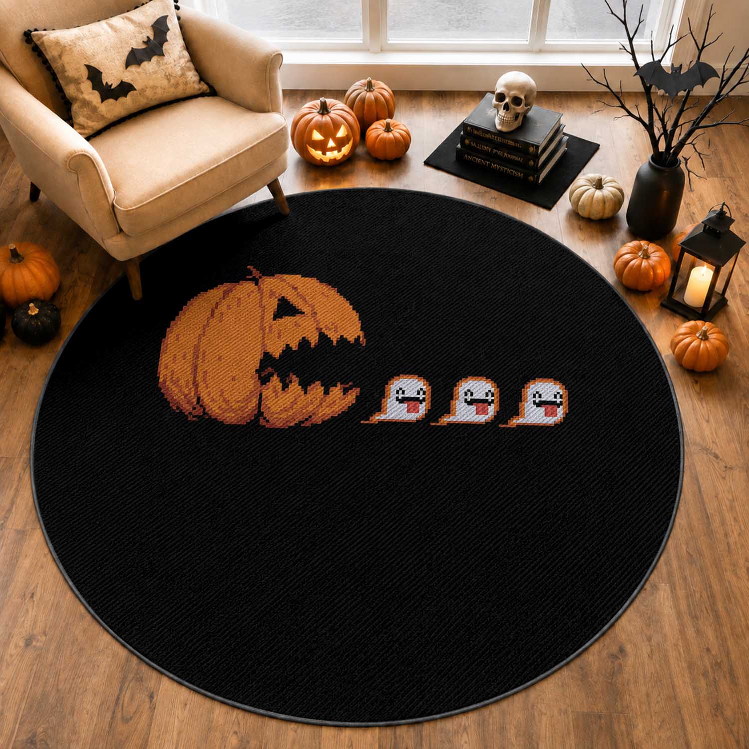 Funny Halloween Gamer Video Gaming Pumpkin Ghost Round Rug