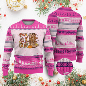 Cowboy Fall Season Thanksgiving Western Boots Pumpkin Ugly Christmas Sweater TS11 Hot Pink Print Your Wear