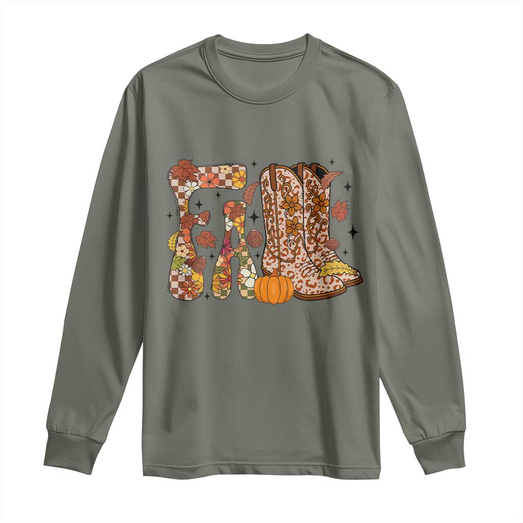 Cowboy Fall Season Thanksgiving Western Boots Pumpkin Long Sleeve Shirt TS11 Military Green Print Your Wear