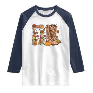 Cowboy Fall Season Thanksgiving Western Boots Pumpkin Raglan Shirt TS11 White Navy Print Your Wear