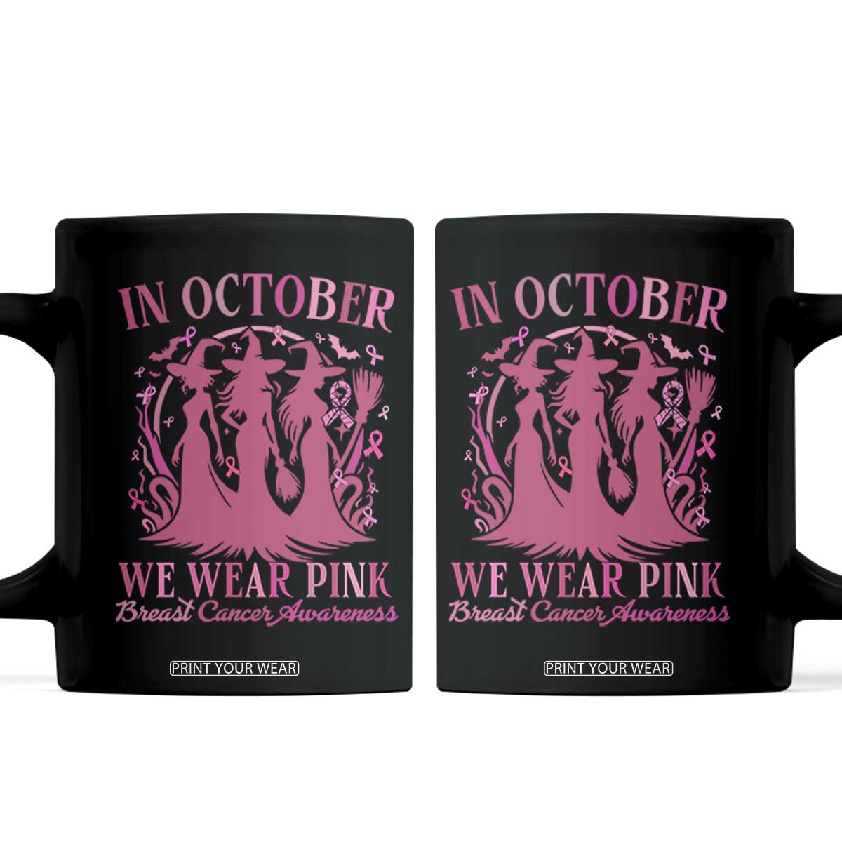 Breast Cancer Halloween Witch Coffee Mug In October We Wear Pink Ribbon