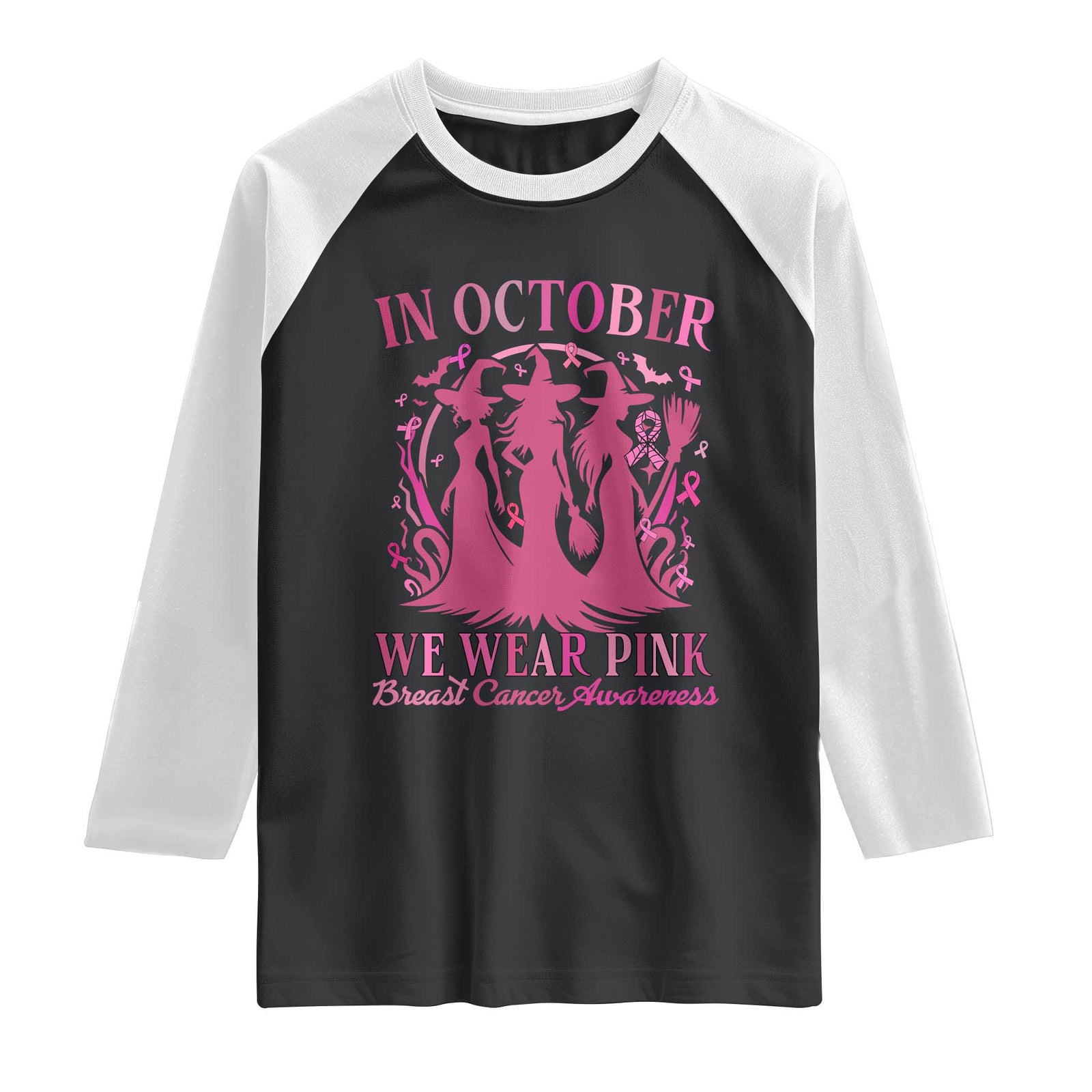 Breast Cancer Halloween Witch Raglan Shirt In October We Wear Pink Ribbon