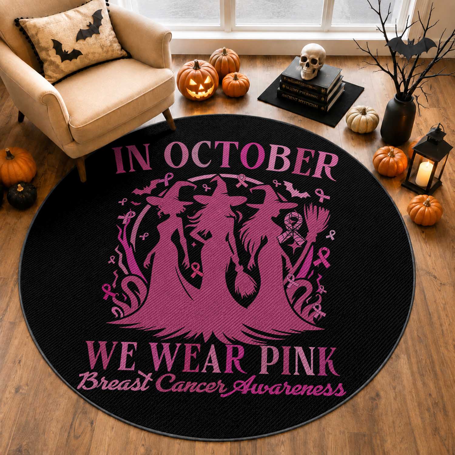 Breast Cancer Halloween Witch Round Rug In October We Wear Pink Ribbon