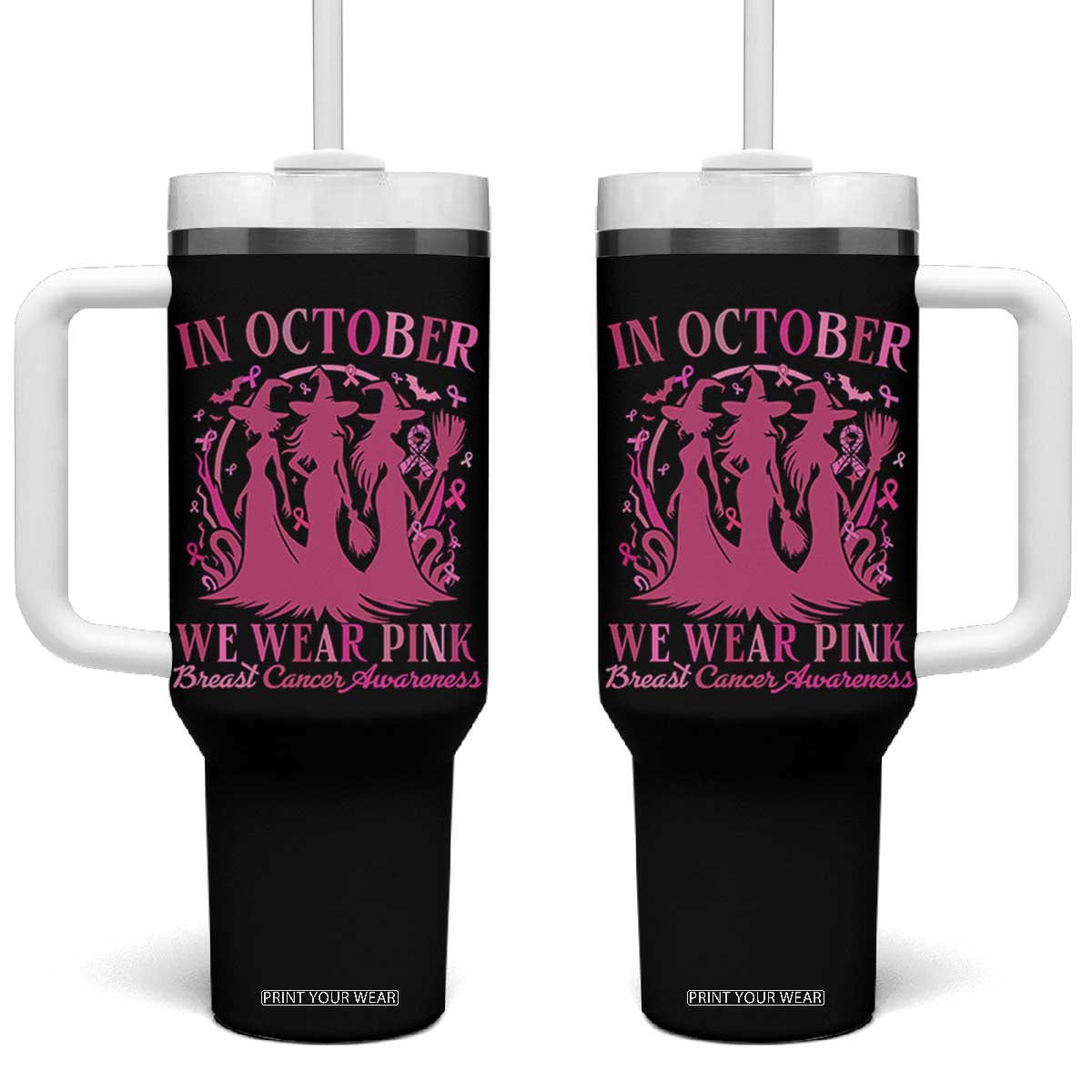 Breast Cancer Halloween Witch Tumbler With Handle In October We Wear Pink Ribbon