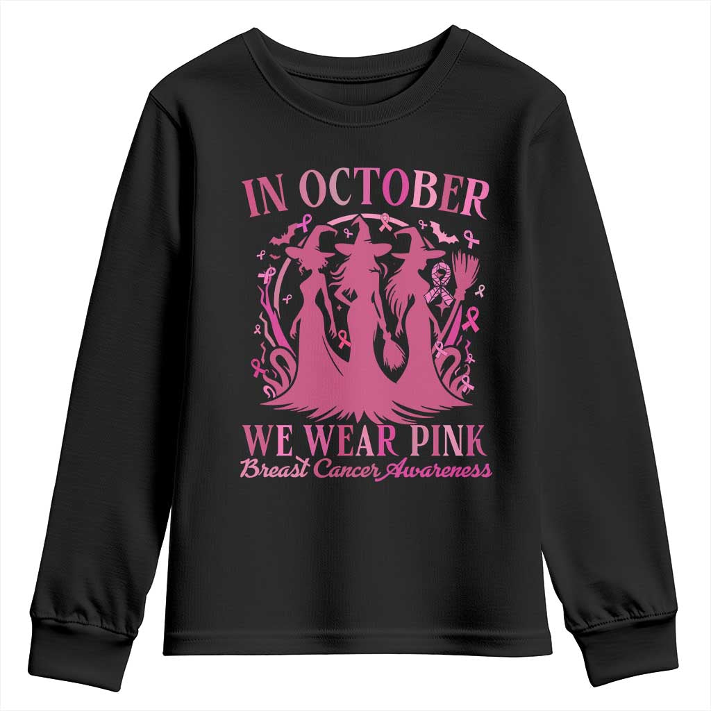 Breast Cancer Halloween Witch Youth Sweatshirt In October We Wear Pink Ribbon