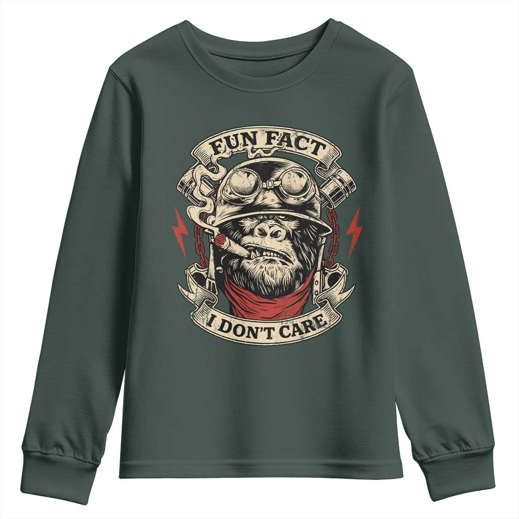 Fun Fact I Dont Care Youth Sweatshirt Funny Smoking Gorilla Sarcastic TS11 Dark Forest Green Print Your Wear