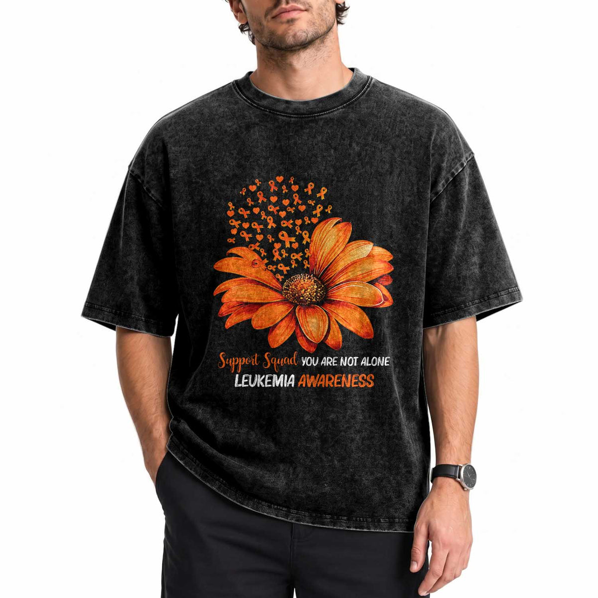 Leukemia Support Squad You Are Not Alone Washed Cotton T-Shirt Orange Sunflower Ribbon