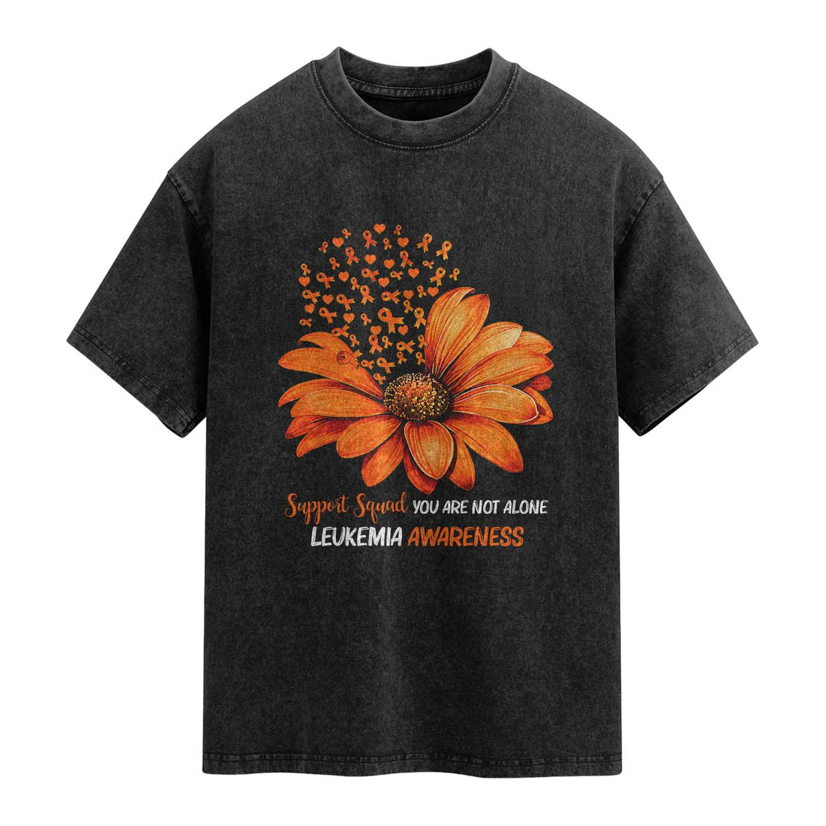 Leukemia Support Squad You Are Not Alone Washed Cotton T-Shirt Orange Sunflower Ribbon