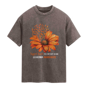 Leukemia Support Squad You Are Not Alone Washed Cotton T-Shirt Orange Sunflower Ribbon